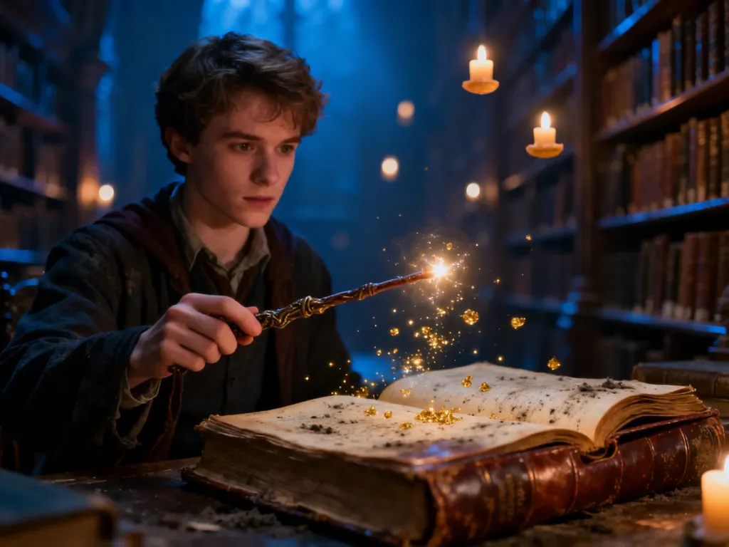 Młody czarodziej z różdżką w klimatycznej bibliotece pełnej unoszących się świateł i magicznych ksiąg.