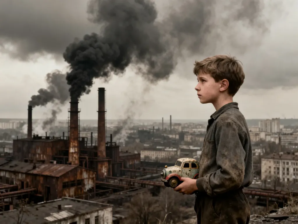 Chłopiec z zabawką na tle dymiących kominów fabrycznych w industrialnym mieście z lat 70. XX wieku.