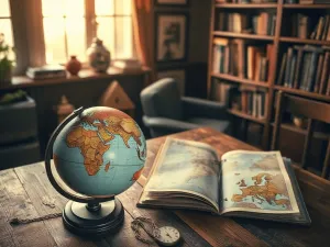 Stary globus i mapa na drewnianym biurku w bibliotece, symbolizujące podróże i odkrywanie państw świata.