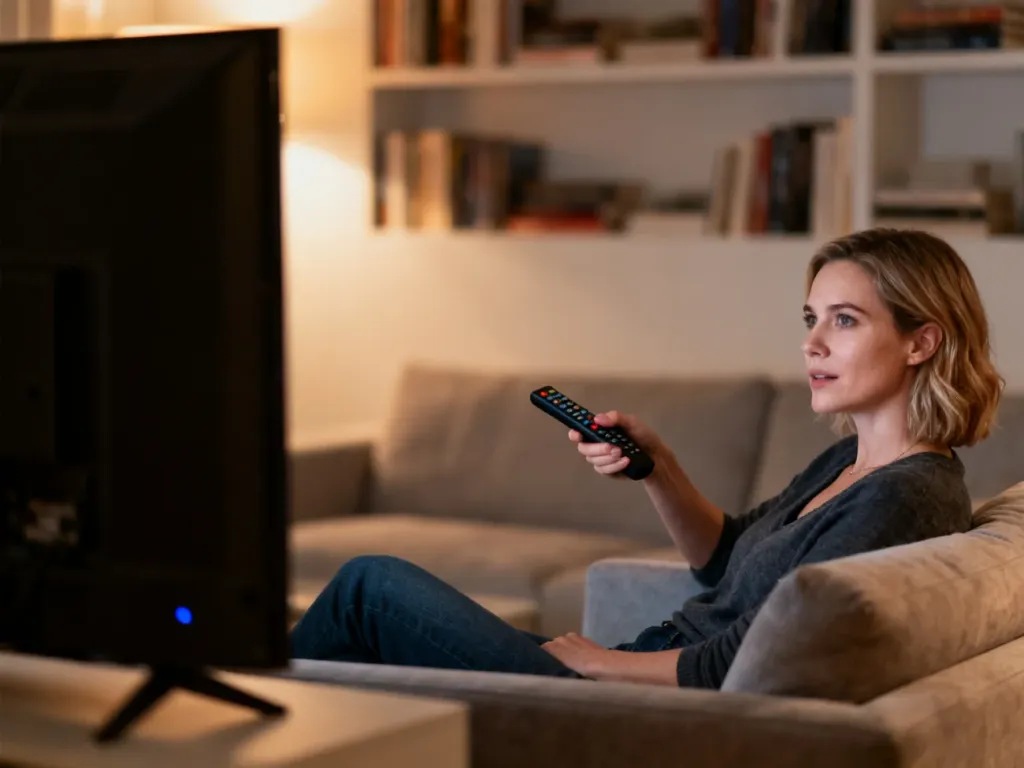 Kobieta relaksująca się na kanapie przed telewizorem w przytulnym salonie, wybierająca serial do obejrzenia.