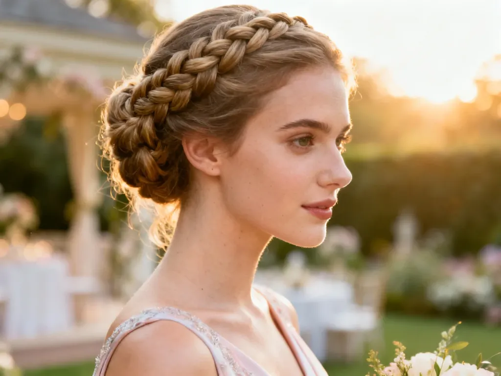 Eleganckie upięcie z warkoczem u młodej kobiety, idealnie pasujące do weselnej stylizacji w ogrodzie.