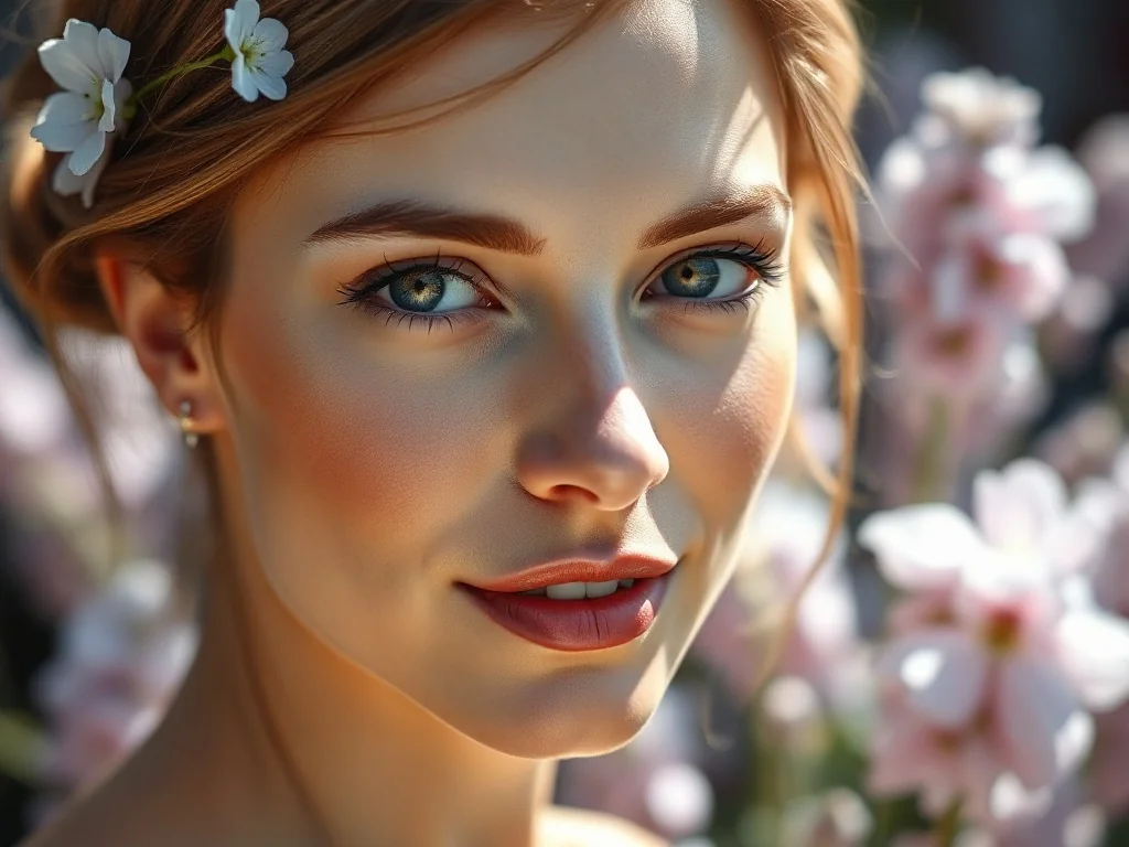 Portret młodej kobiety z kwiatem we włosach na tle rozmytego ogrodu, symbolizujący delikatność i naturalne piękno.