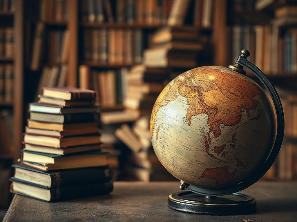 Stary globus i mapa na drewnianym biurku w bibliotece, symbolizujące podróże i odkrywanie państw świata.