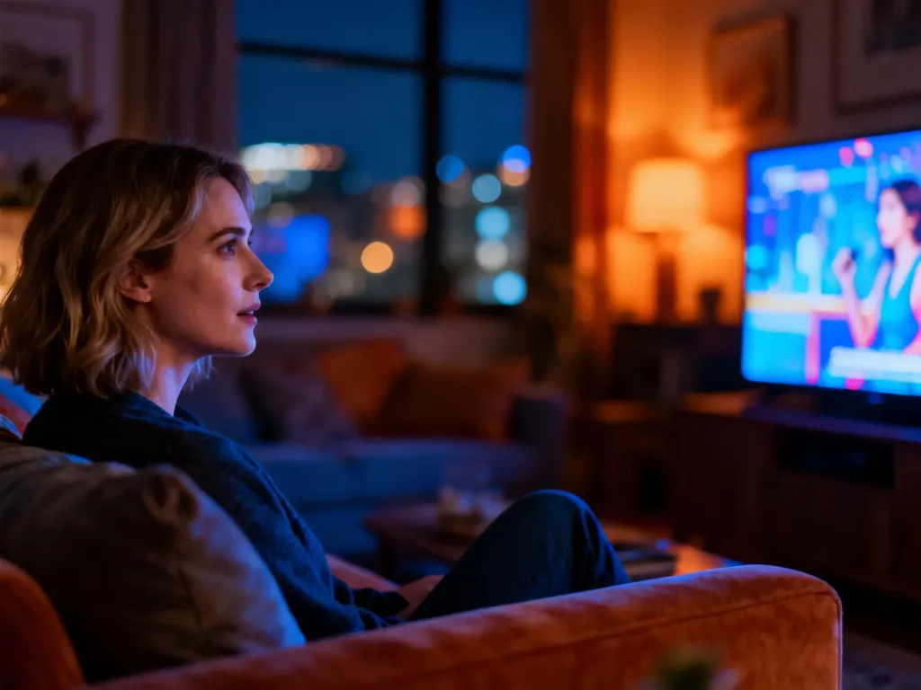 Kobieta siedząca na kanapie w przytulnym salonie i oglądająca serial na ekranie telewizora wieczorową porą.