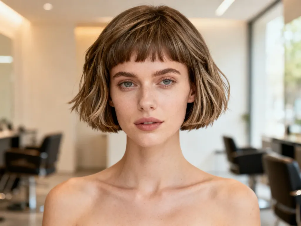 Kobieta z modną fryzurą typu bucket cut, prezentująca teksturę i warstwy włosów w nowoczesnym salonie fryzjerskim.