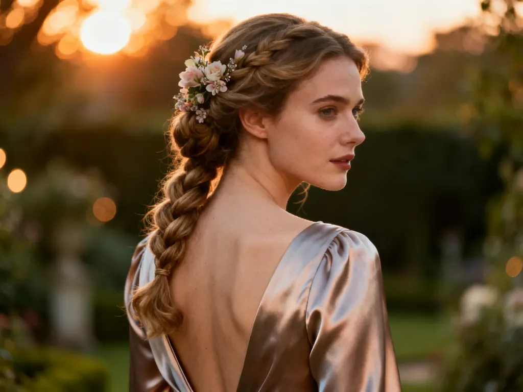 Eleganckie upięcie z warkoczem i kwiatowymi ozdobami, idealnie eksponujące sukienkę z odkrytymi plecami.