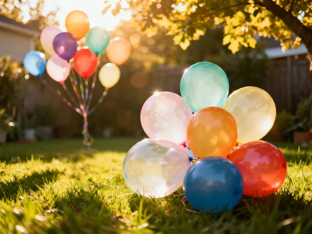 Kolorowe balony z helem unoszące się w słonecznym ogrodzie, zachęcające do wspólnej zabawy na świeżym powietrzu.