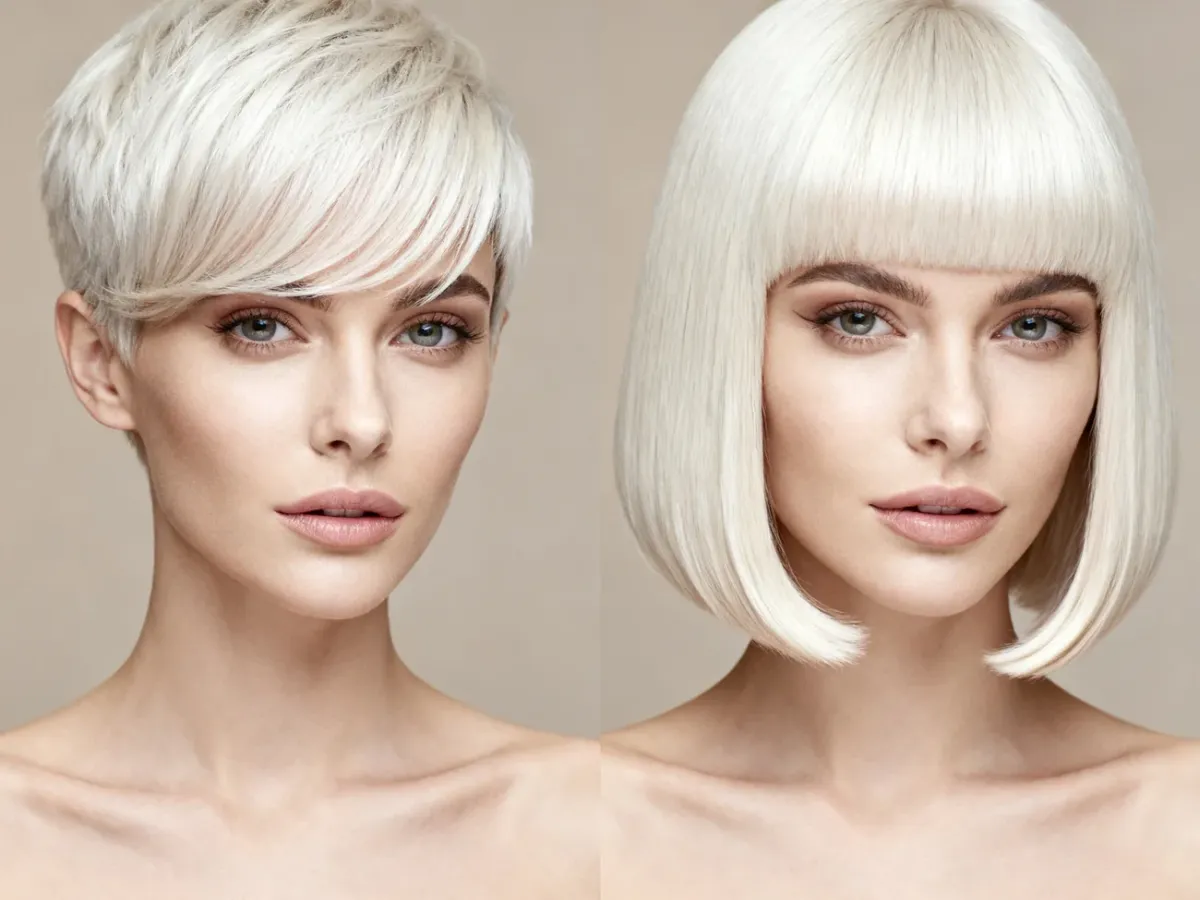 Porównanie blond pixie cut z dłuższą grzywką i jawline boba