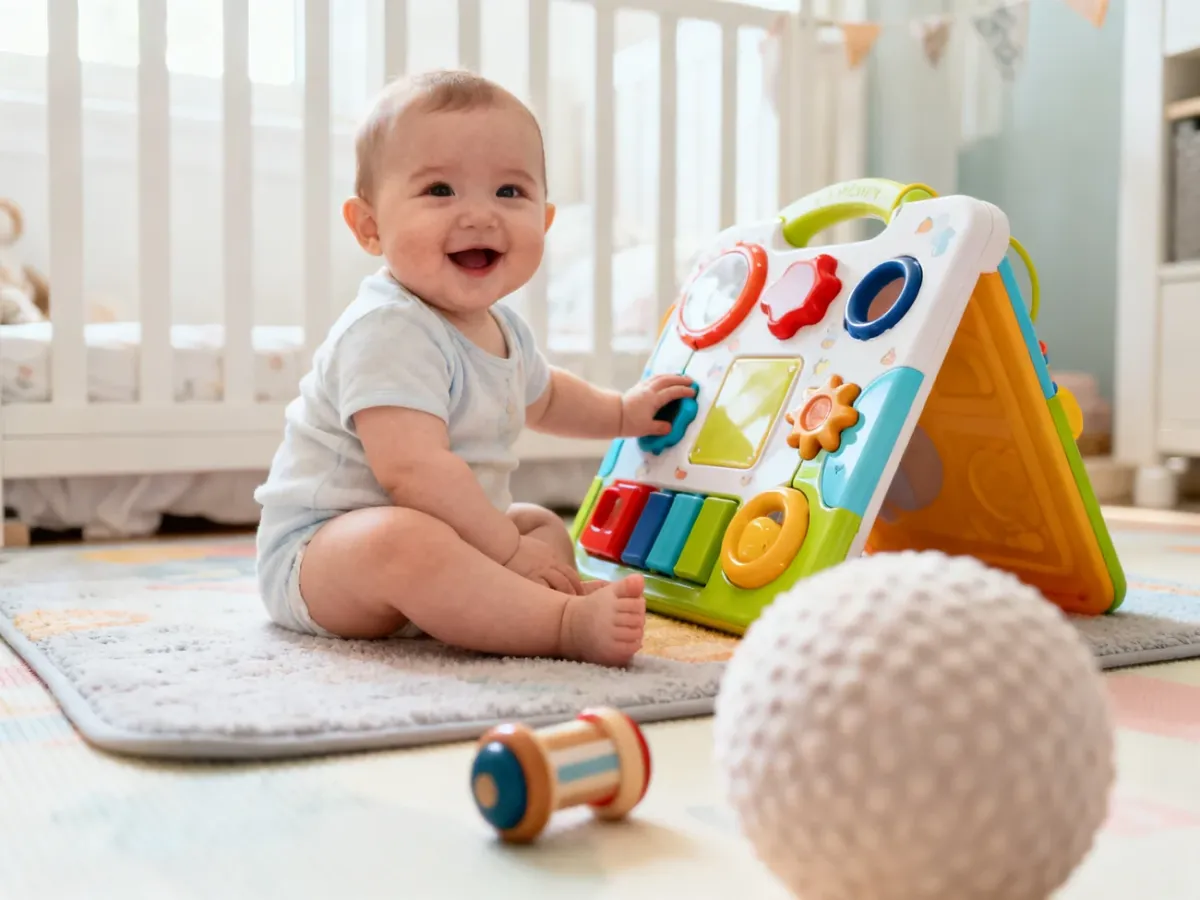 Niemowlę odkrywające sensoryczną tablicę manipulacyjną i miękką piłkę