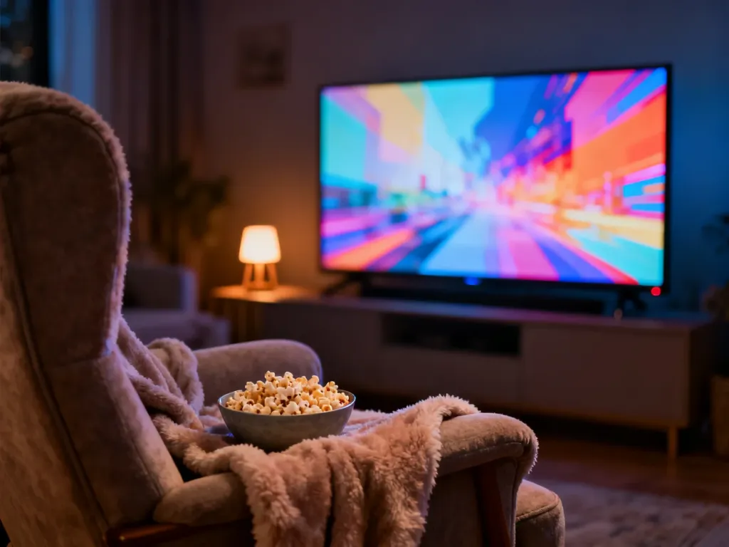 Przytulny salon z telewizorem, fotelem i popcornem, zachęcający do wieczornego oglądania seriali w domowym zaciszu.