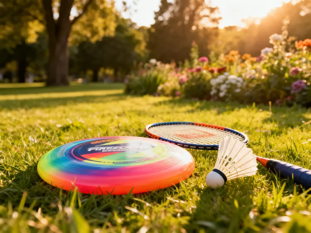 Kolorowe frisbee, rakietka do badmintona i lotka leżące na soczystej zielonej trawie w słonecznym parku.