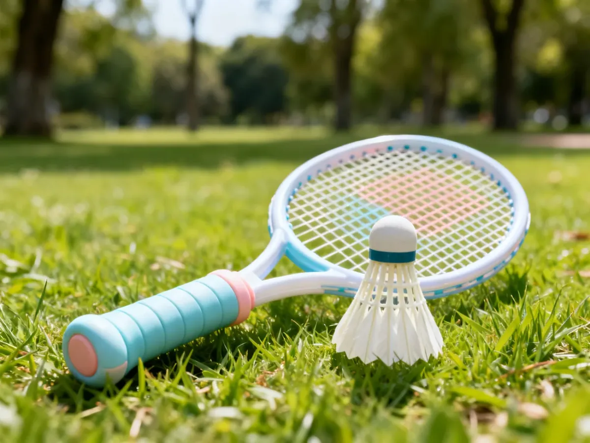 Lekka dziecięca rakieta do badmintona i plastikowa lotka na trawie