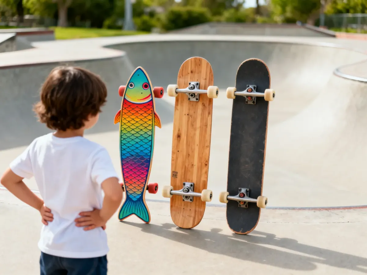 Dziecko oglądające fiszkę, klasyczną deskorolkę i cruisera na skateparku