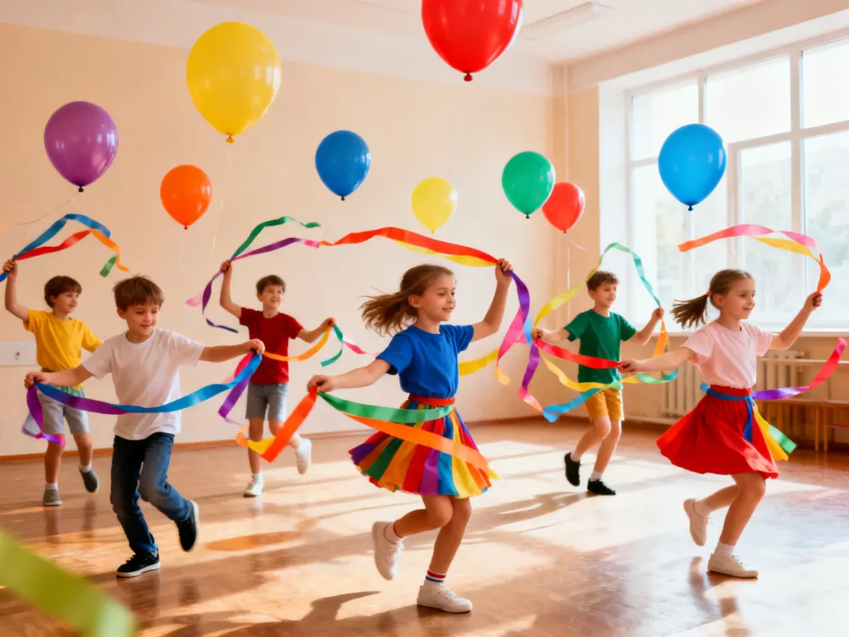 Dzieci tańczące ze wstążkami i balonami