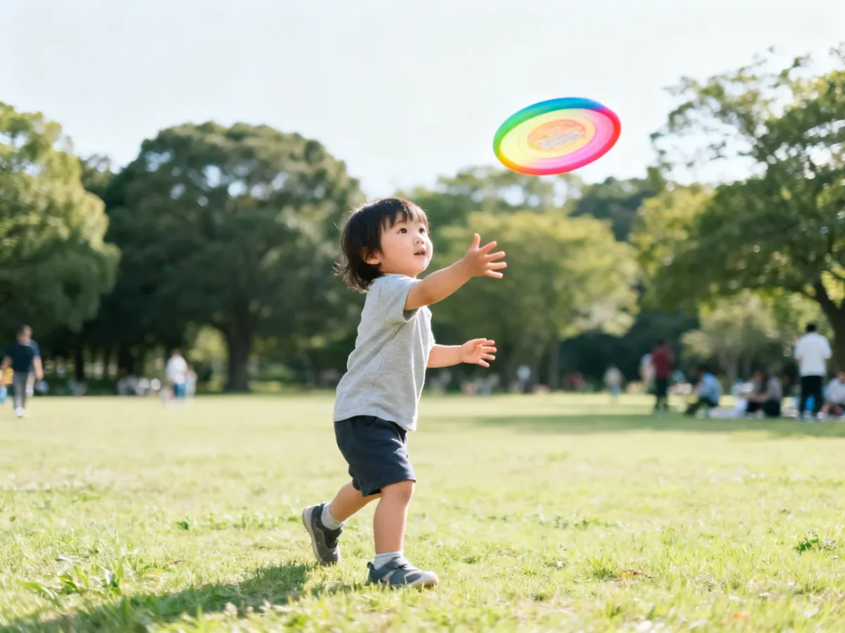 Dziecko bezpiecznie bawiące się miękkim frisbee na otwartej przestrzeni