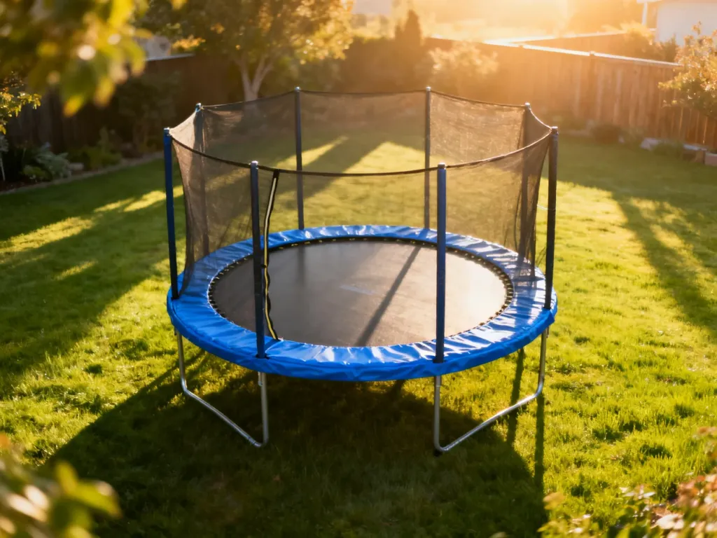 Nowoczesna trampolina ogrodowa z siatką zabezpieczającą, ustawiona na zielonym trawniku w słoneczny poranek.