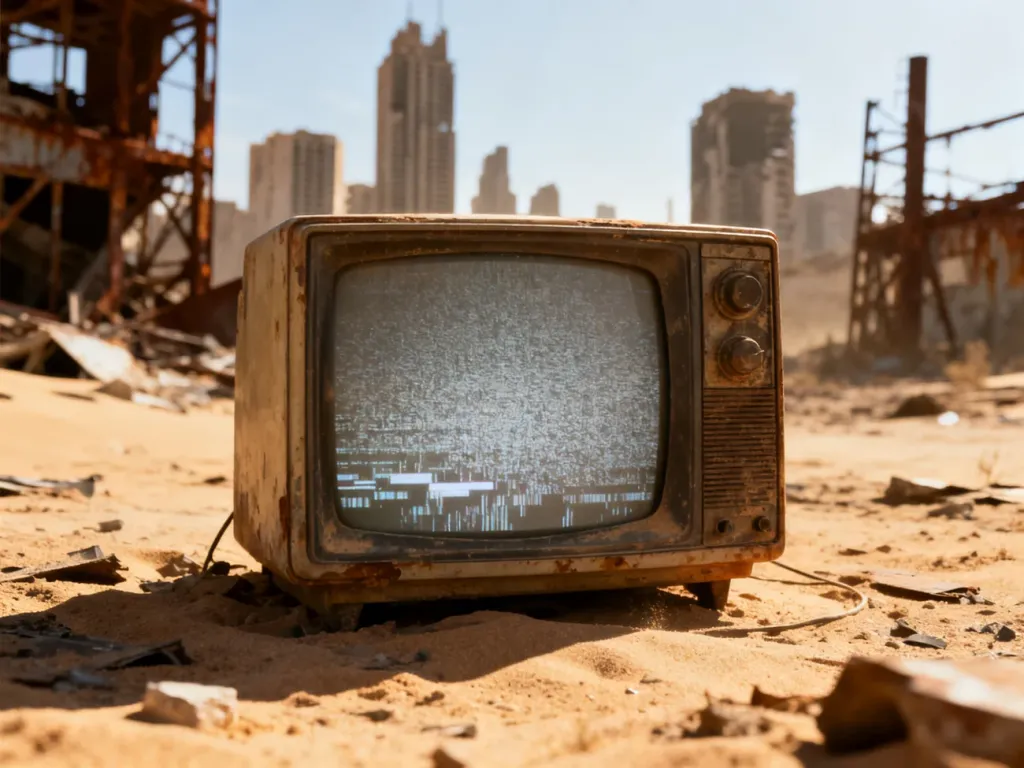 Stary telewizor z szumem na ekranie pośrodku pustynnego, postapokaliptycznego krajobrazu z ruinami budynków w tle.