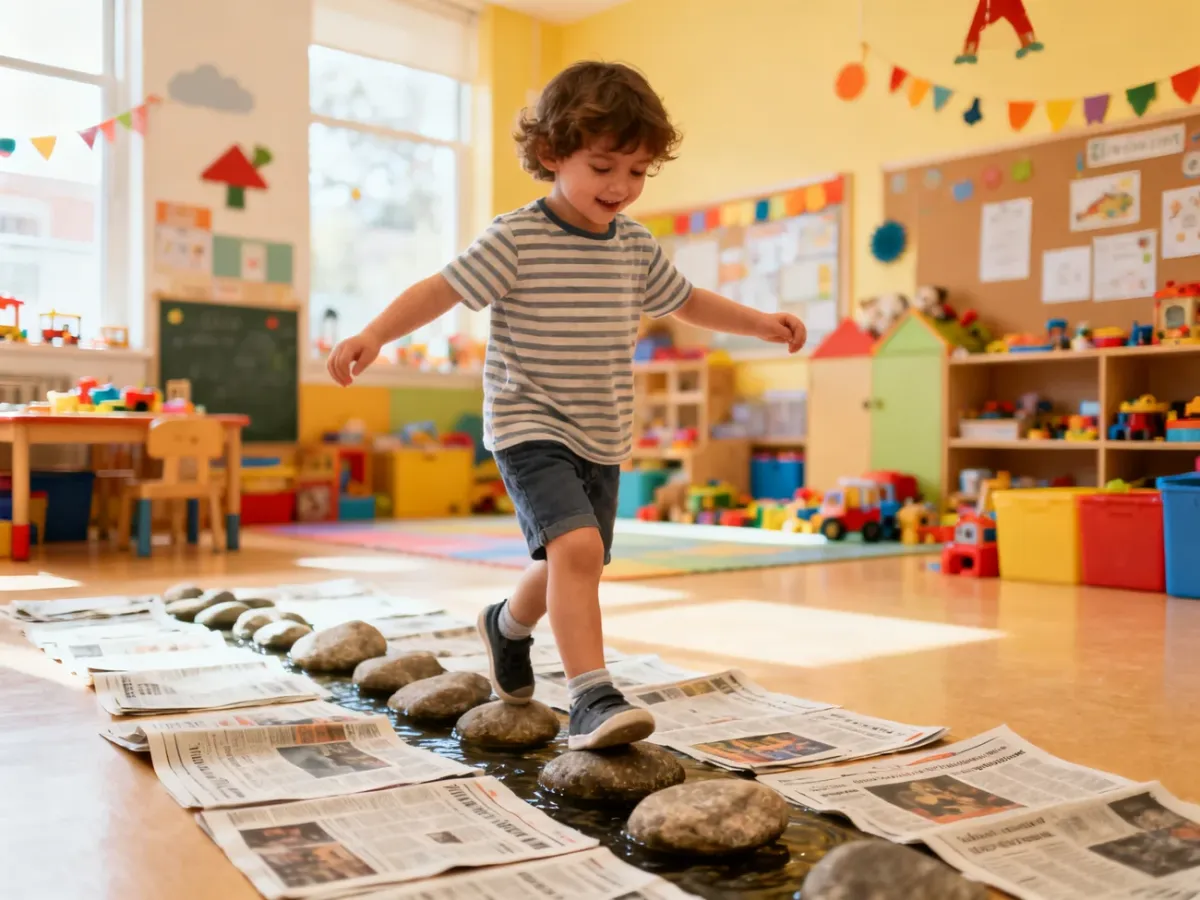 Dziecko przechodzące po gazetach ułożonych jak kamienie na rzece