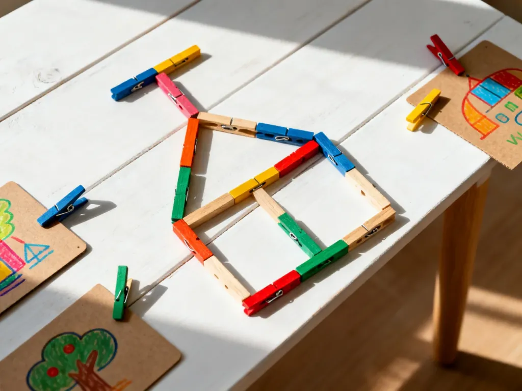 Kolorowe drewniane klamerki ułożone w geometryczne wzory oraz przypięte do kart edukacyjnych, zachęcające do kreatywnej zabawy.