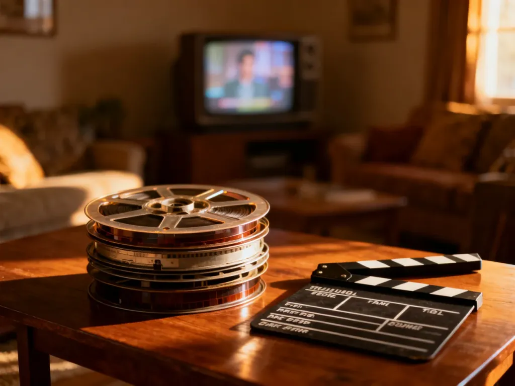 Stare taśmy filmowe i klaps na drewnianym stole w przytulnym salonie, tworzące filmowy klimat serialu.