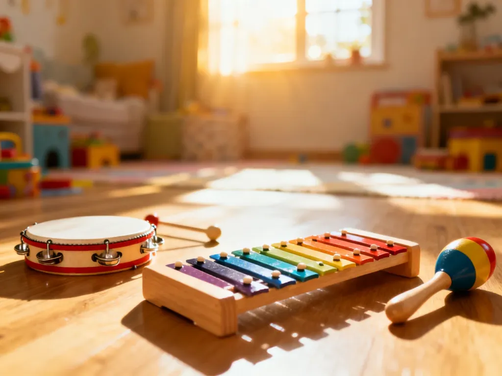 Kolorowe instrumenty muzyczne, takie jak ksylofon, tamburyn i marakasy, leżące na drewnianej podłodze w przytulnym pokoju.
