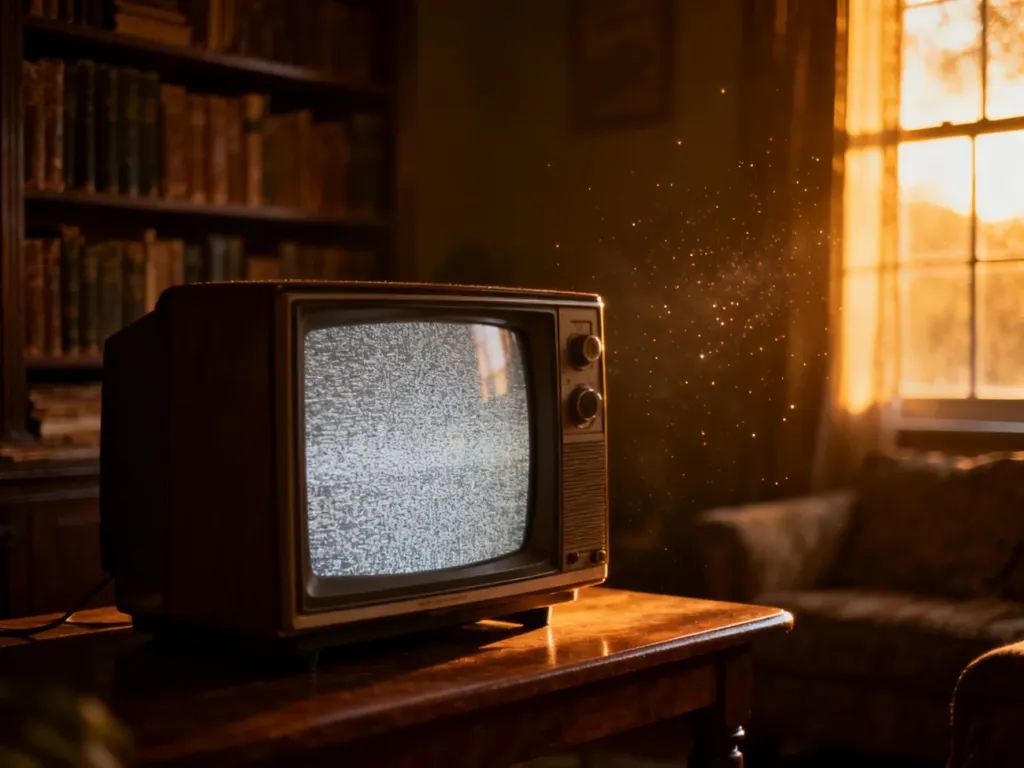 Stary telewizor z szumem na ekranie w przytulnym, nastrojowym salonie, budujący tajemniczą atmosferę serialu.