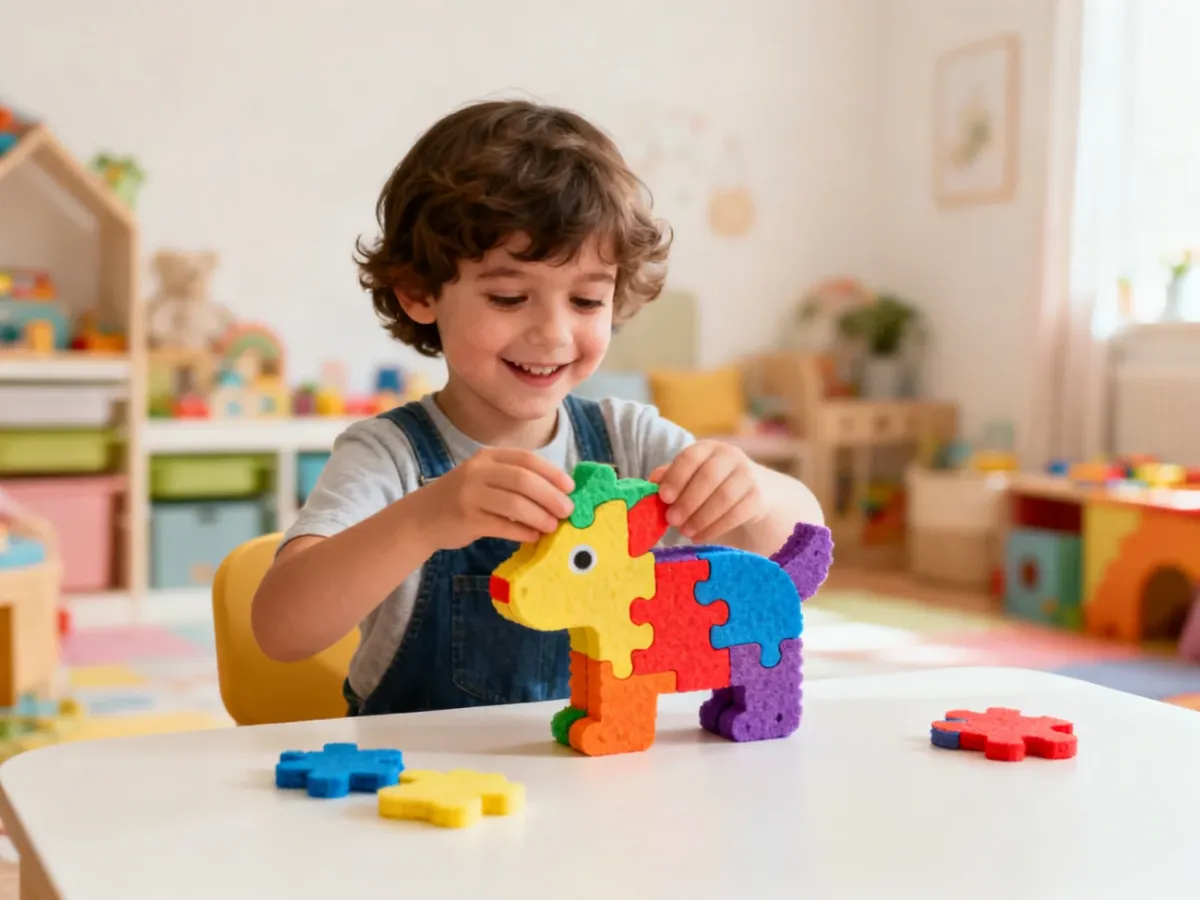 Dziecko układające kolorowe puzzle 3D w kształt zwierzęcia