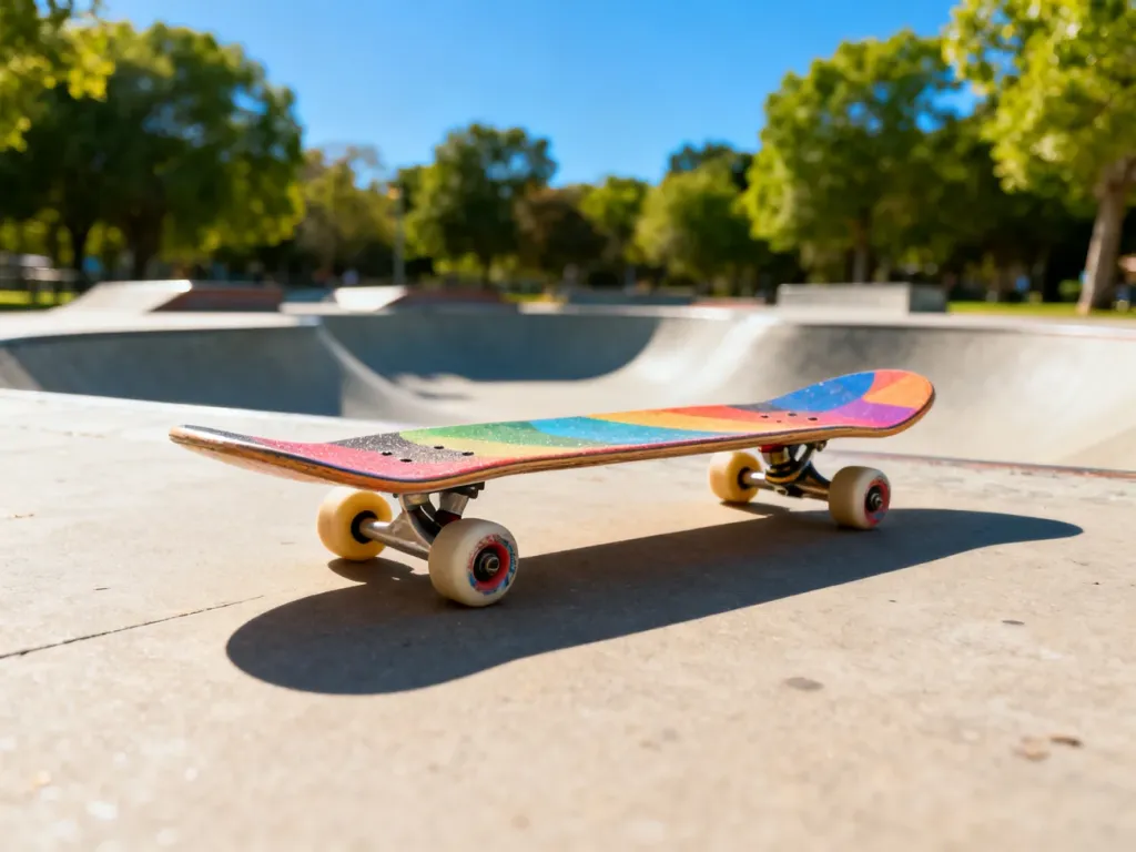 Kolorowa deskorolka leżąca na betonowym podłożu w słonecznym skateparku, idealna do nauki jazdy dla początkujących.