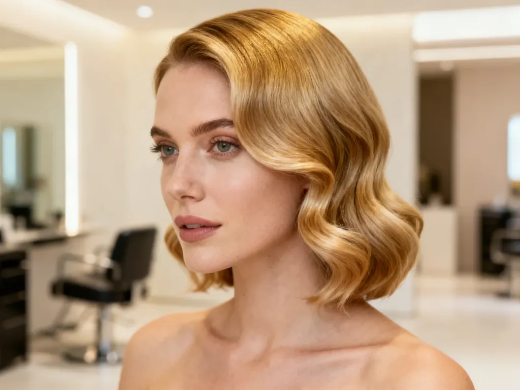 Elegancka kobieta z modną fryzurą z miękkimi falami w profesjonalnym salonie fryzjerskim.