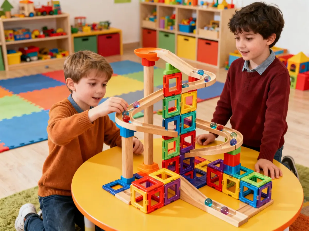 Dzieci eksperymentujące z modułowym torem kulkowym
