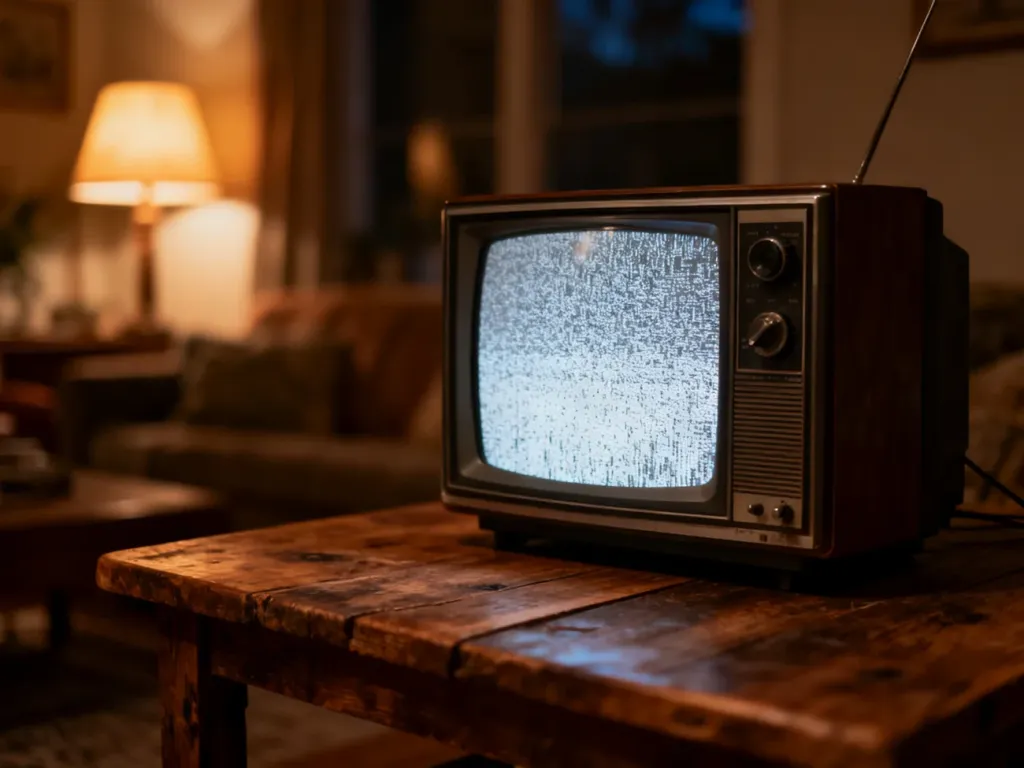 Stary telewizor z szumem na ekranie stojący na drewnianym stole w przytulnym, nastrojowym salonie.