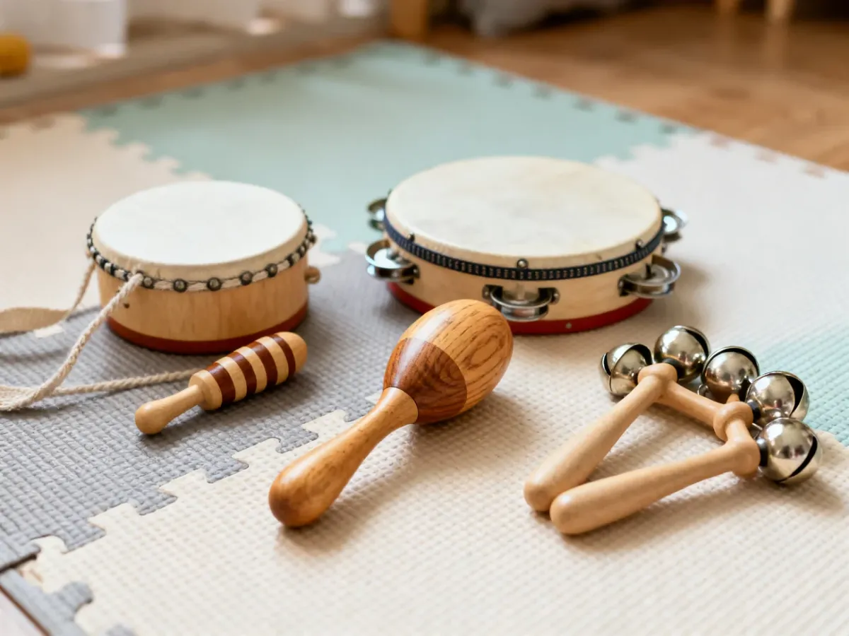 Bezpieczne instrumenty akustyczne dla rocznego dziecka ułożone na macie