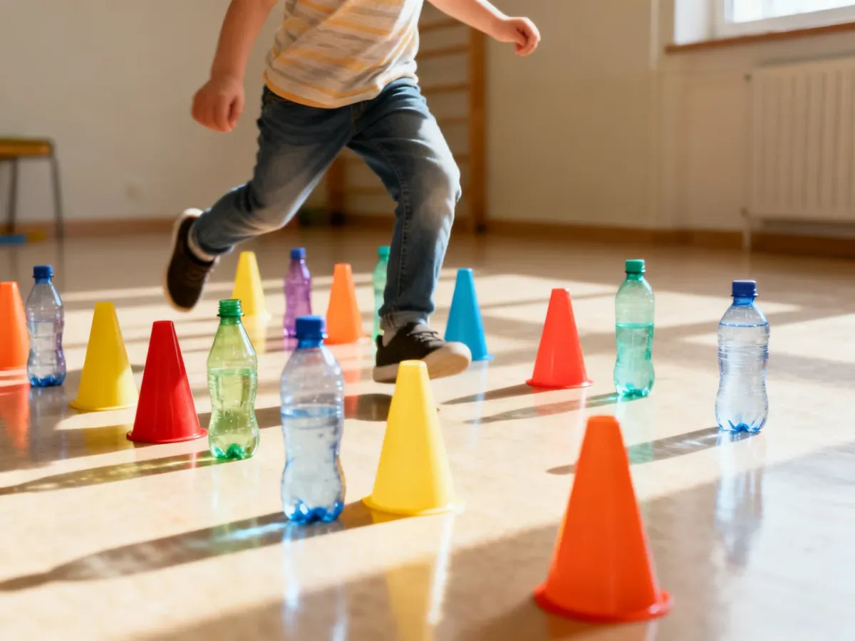 Dziecko pokonujące slalom między plastikowymi butelkami
