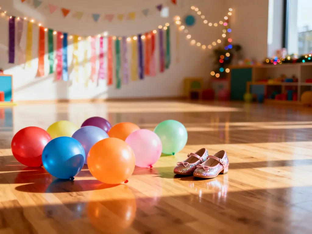 Kolorowe balony i dziecięce buty taneczne na parkiecie w sali zabaw przygotowanej na taneczną imprezę.