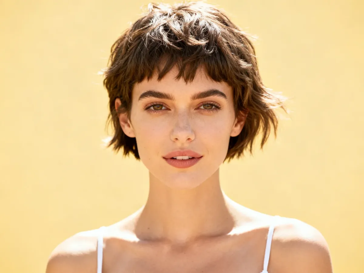 Kobieta z teksturowaną fryzurą pixie cut