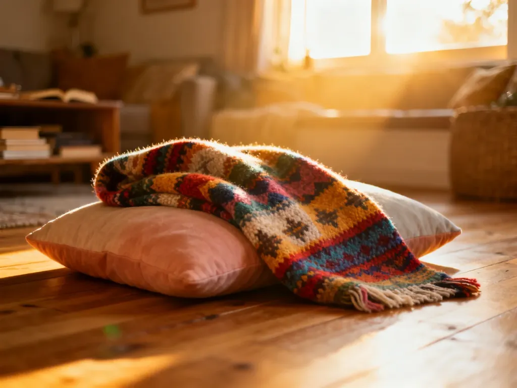 Kolorowy, wełniany koc rozłożony na podłodze w przytulnym salonie, zachęcający do wspólnej zabawy z dzieckiem.