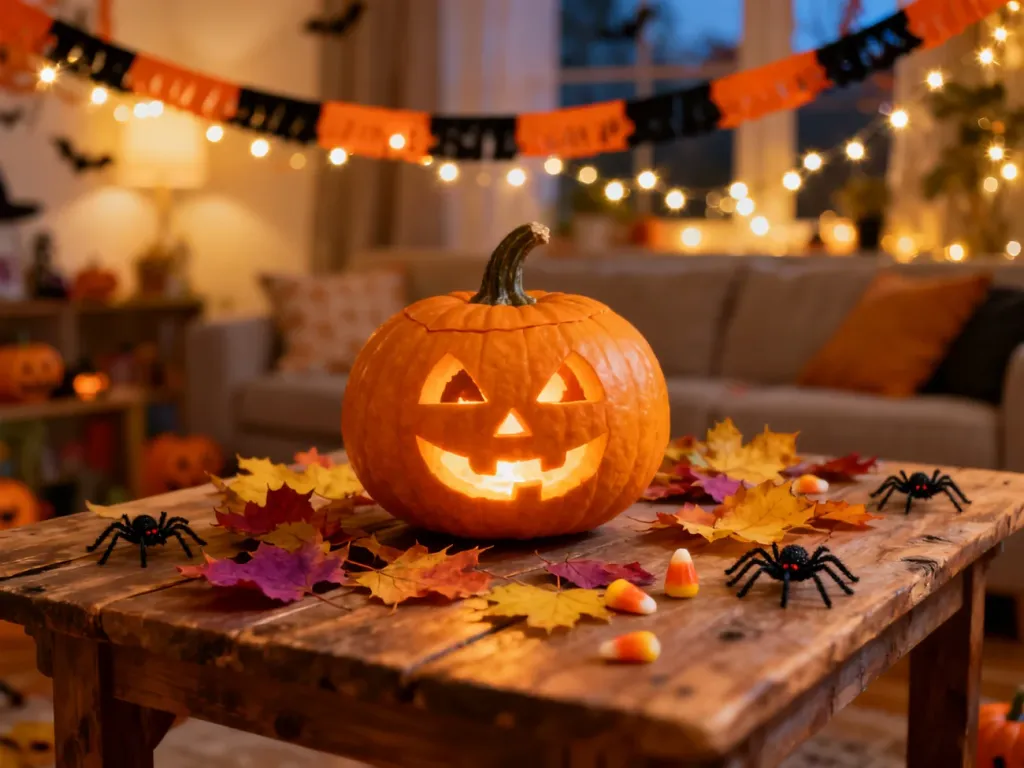 Stół z dynią, słodyczami i jesiennymi dekoracjami, tworzący przytulny, halloweenowy klimat dla dzieci.