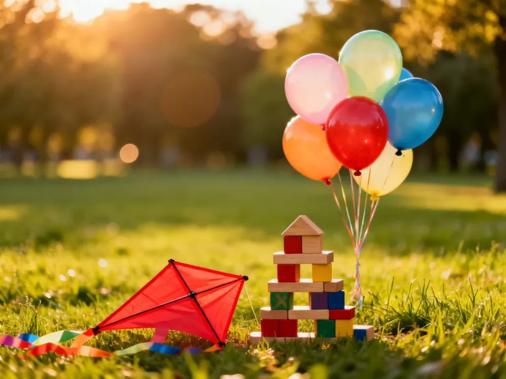 Kolorowe rekwizyty, balony i latawiec na trawie w parku, zachęcające do aktywnej zabawy z dziećmi na świeżym powietrzu.
