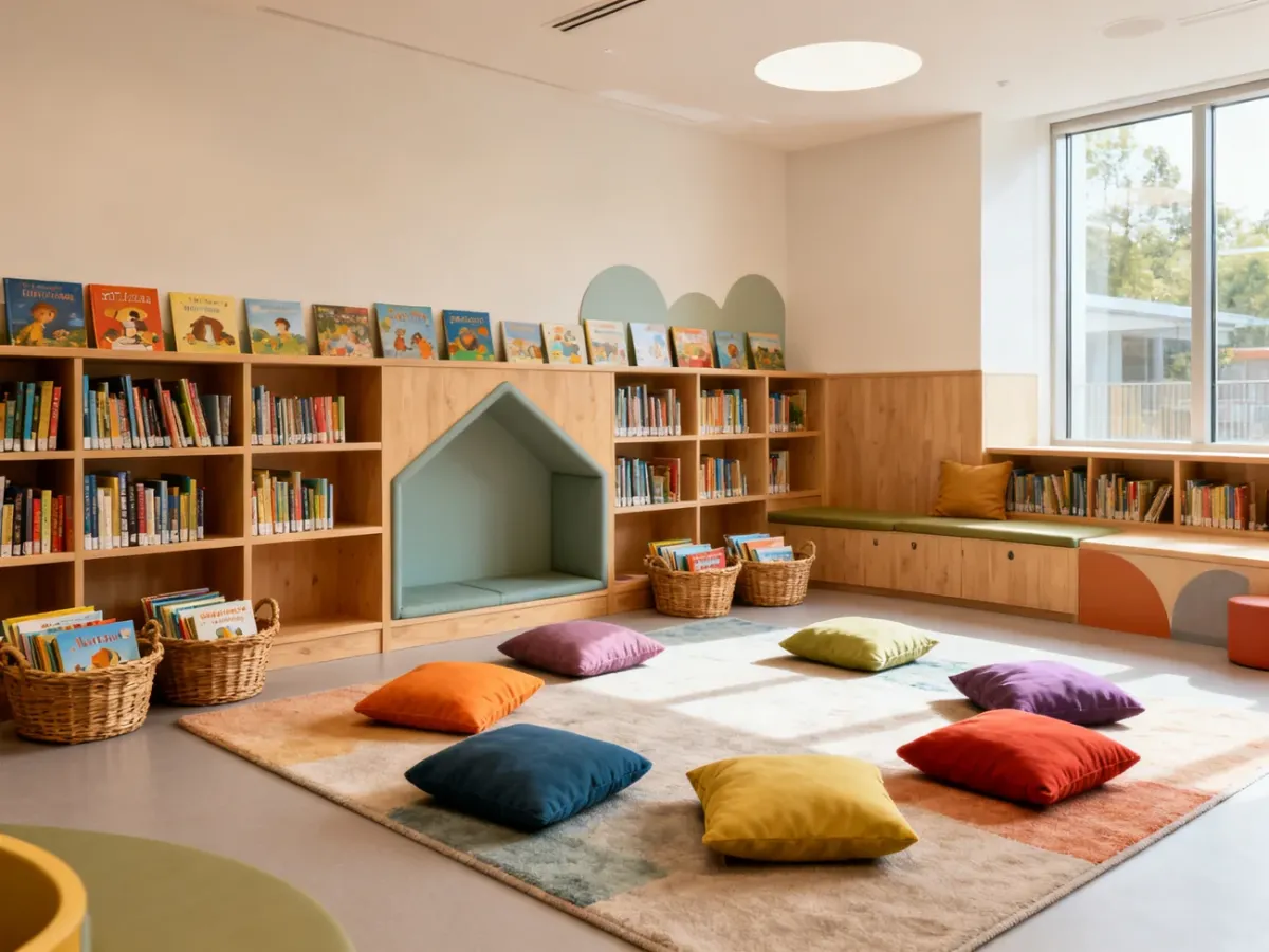 Kącik zabaw dla dzieci w bibliotece z pufami, dywanem i niskimi regałami