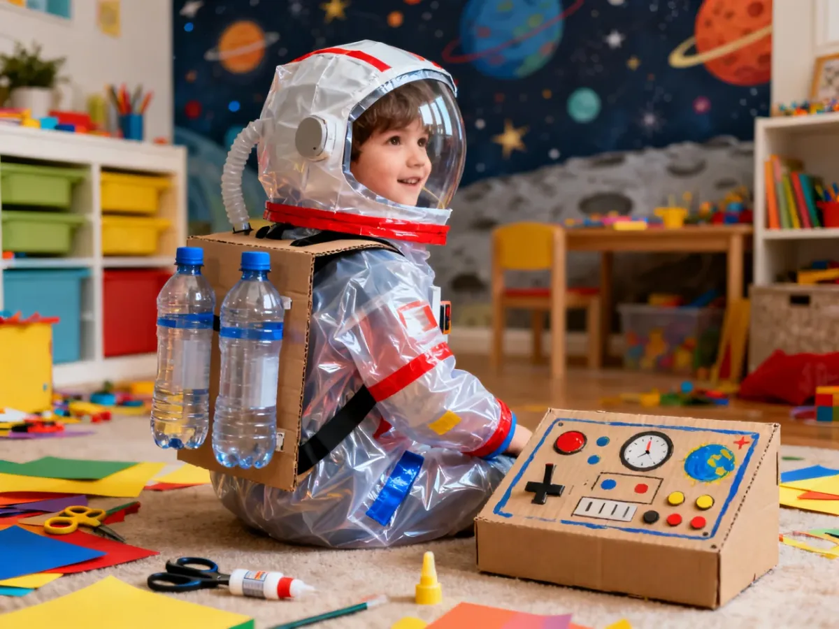 Dziecko w domowym stroju astronauty z kartonowym panelem sterowania