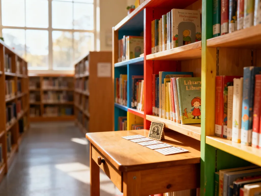 Przytulny kącik czytelniczy dla dzieci z kolorowymi regałami, biurkiem, pieczątką i kartami bibliotecznymi.