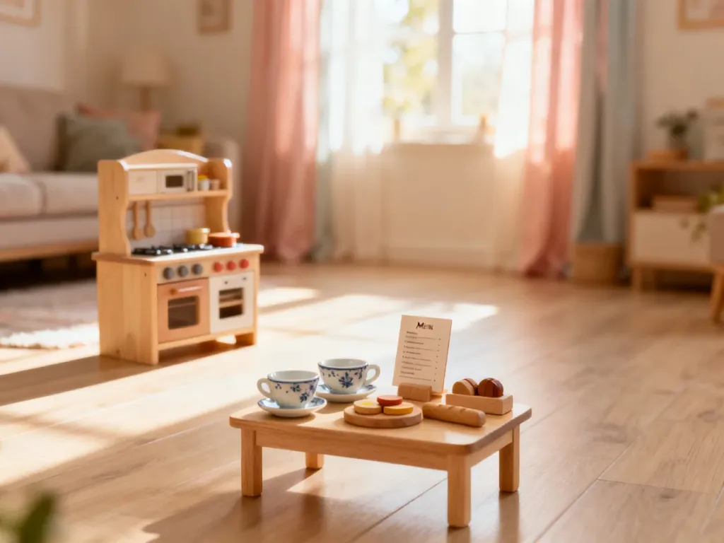 Drewniana kuchnia do zabawy z miniaturowym zestawem do herbaty i kartą menu, gotowe do rozpoczęcia zabawy w restaurację.