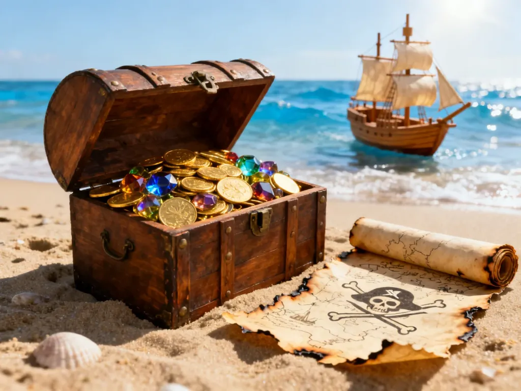 Drewniana skrzynia pełna skarbów i stara mapa piratów na piaszczystej plaży, zachęcające do wspólnej zabawy.